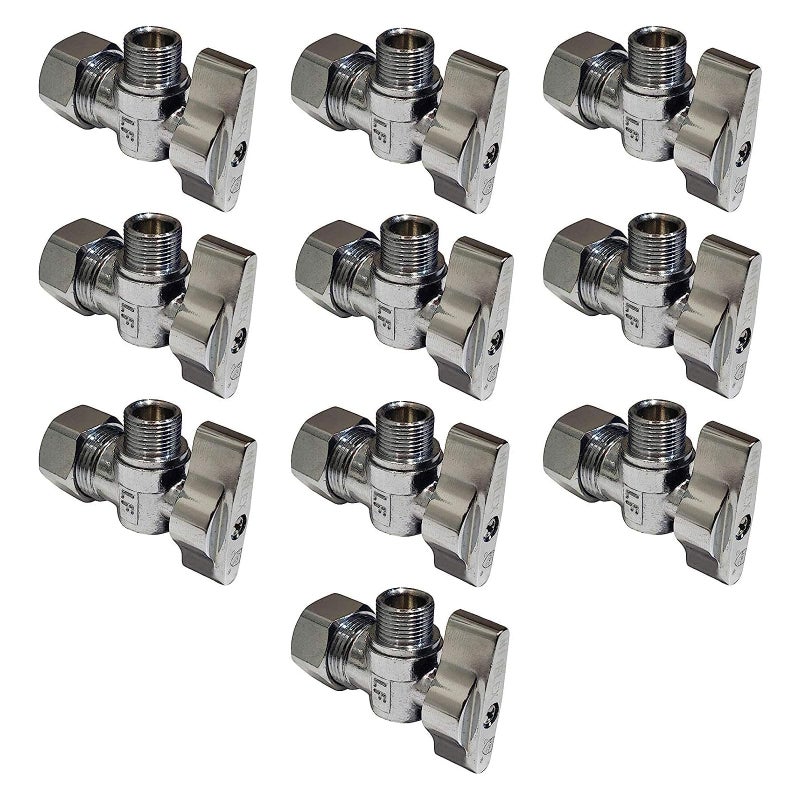 Miiflex Heavy Duty Chrome Plated Brass 1/4 Turn Angle Stop Valve 1/2" NOM (5/8" OD) COMP x 3/8" COMP Less Ferrule and Nut [10 Pack] - Image 1